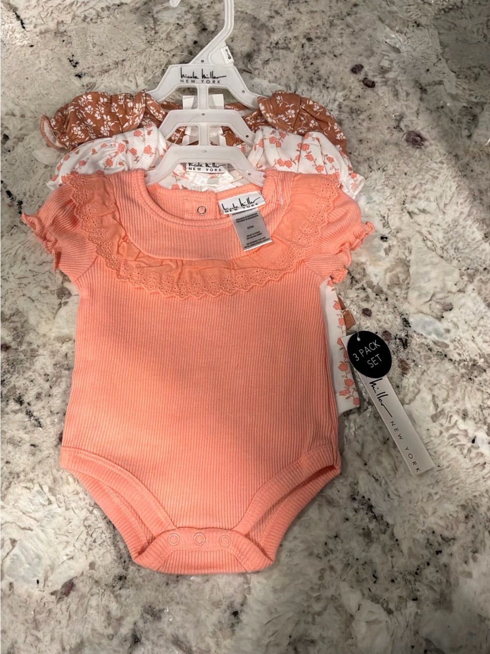 Nicole Miller Girls 3-Pack Peach & Floral Ruffle One-Piece Bodysuits